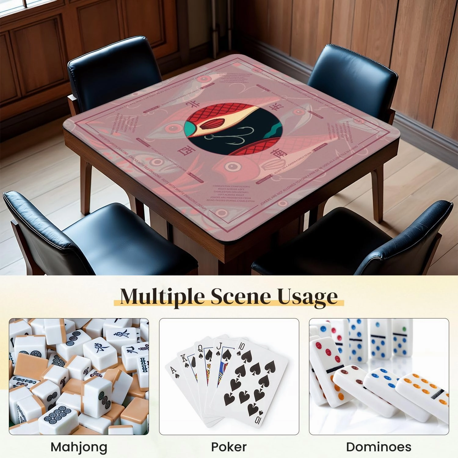 Mahjong Mat for Table Fishing Lures Seamless 31.5" x 31.5" Non-Slip Noise-Reducing Game Mat Premium Mahjong Accessories for Poker Dominoes Board Games