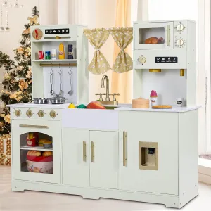 MAMIZO Kids Play Kitchen, Wooden Pretend Toy Kitchen, Large Toodler Cooking Playset, Stove and Water Dispenser w/Sound & Light, Sink, Microwave, Curtain, Modern Home Style for Ages 3  (Yellow)