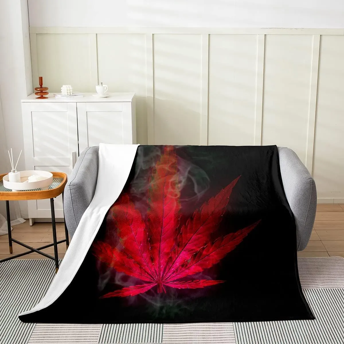 Marijuana Weed Leaf Throw Blanket for Boys Girls Men,Cannabis Leaves Fleece Blanket Throw 50x60,Trippy Red Smogy Marijuana Leaf Fuzzy Blanket Home Room Decor,Botanical Leaves Flannel Blanket