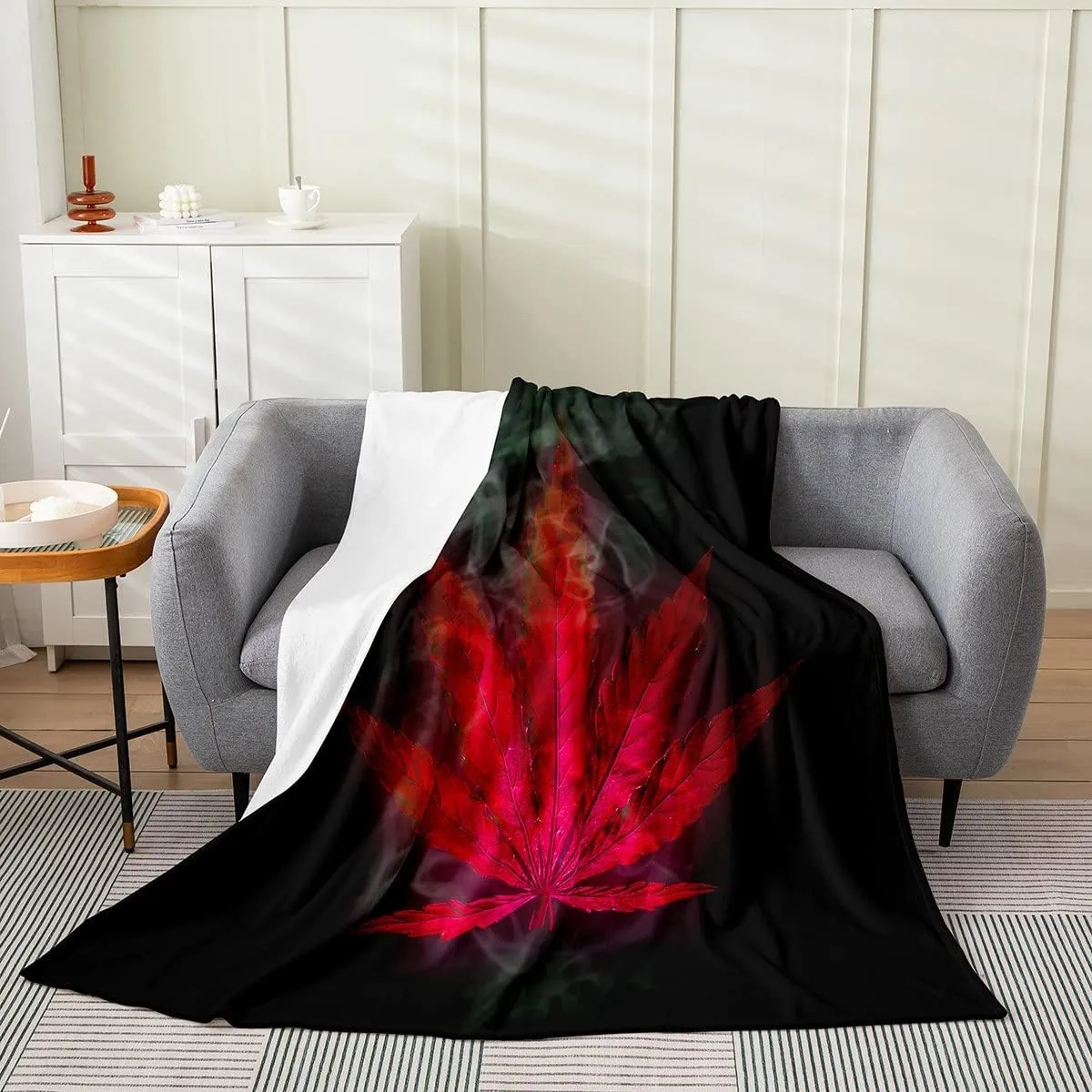 Marijuana Weed Leaf Throw Blanket for Boys Girls Men,Cannabis Leaves Fleece Blanket Throw 50x60,Trippy Red Smogy Marijuana Leaf Fuzzy Blanket Home Room Decor,Botanical Leaves Flannel Blanket