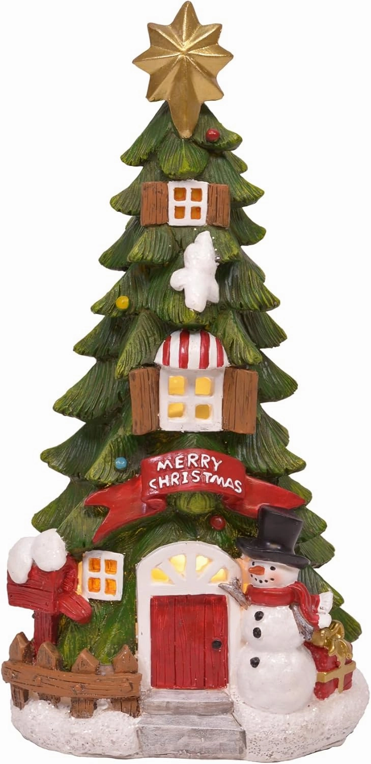 Mark Feldstein & Associates Resin Merry Christmas Tree House Tabletop Figurine Holiday Decor with Built in LED Light, 10 Inch