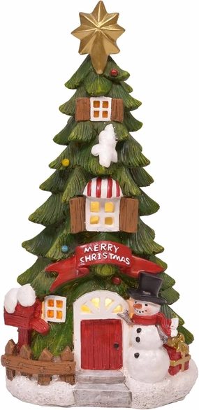 Mark Feldstein & Associates Resin Merry Christmas Tree House Tabletop Figurine Holiday Decor with Built in LED Light, 10 Inch