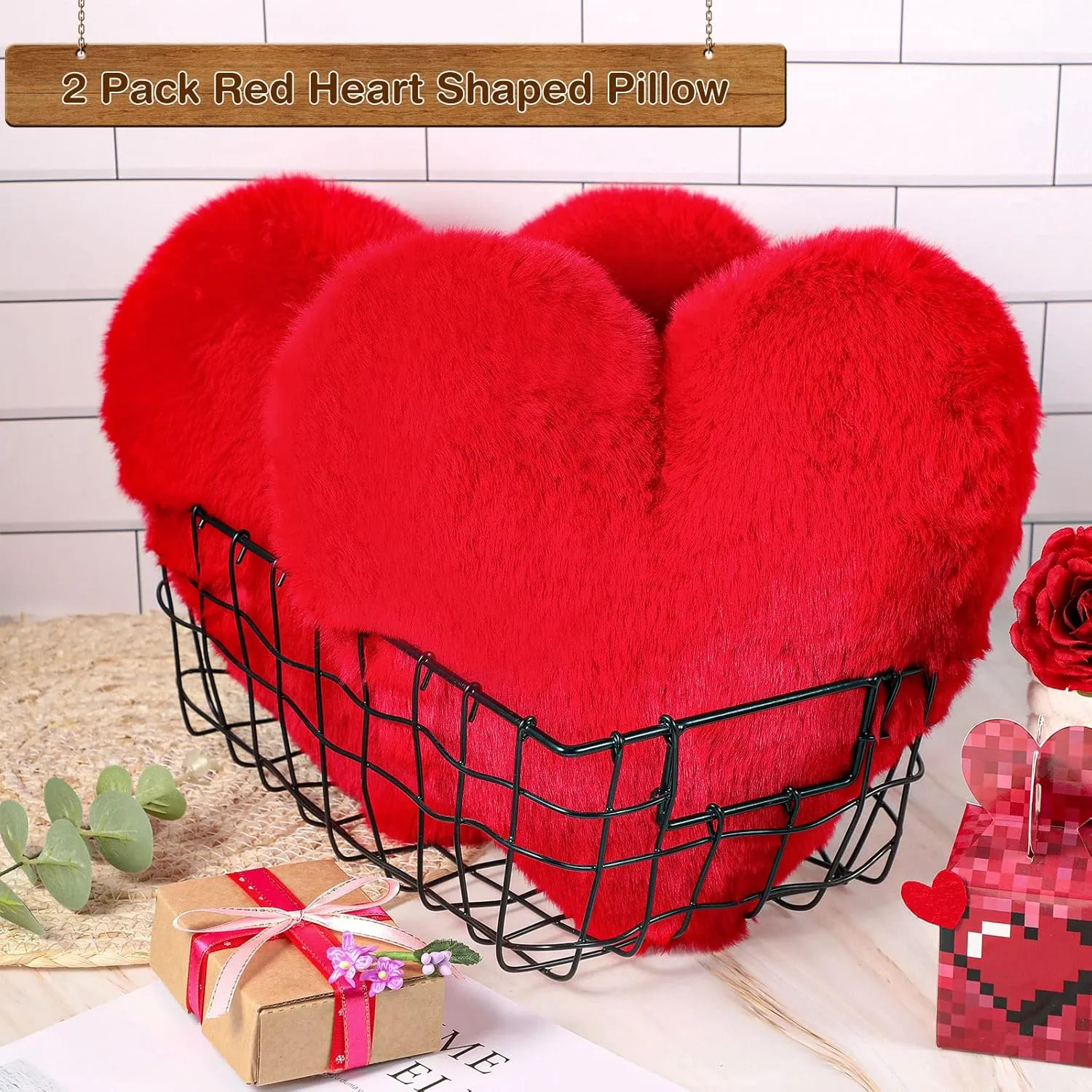 Marsui 2 Pcs Fluffy Heart Shaped Pillow Plush Cute Heart Shaped Throw Cushion Stuffed Decorative Gift Throw Pillow for Couch Bed Sofa Decoration Women(Bright Red，11.81 x 11.02 Inch)