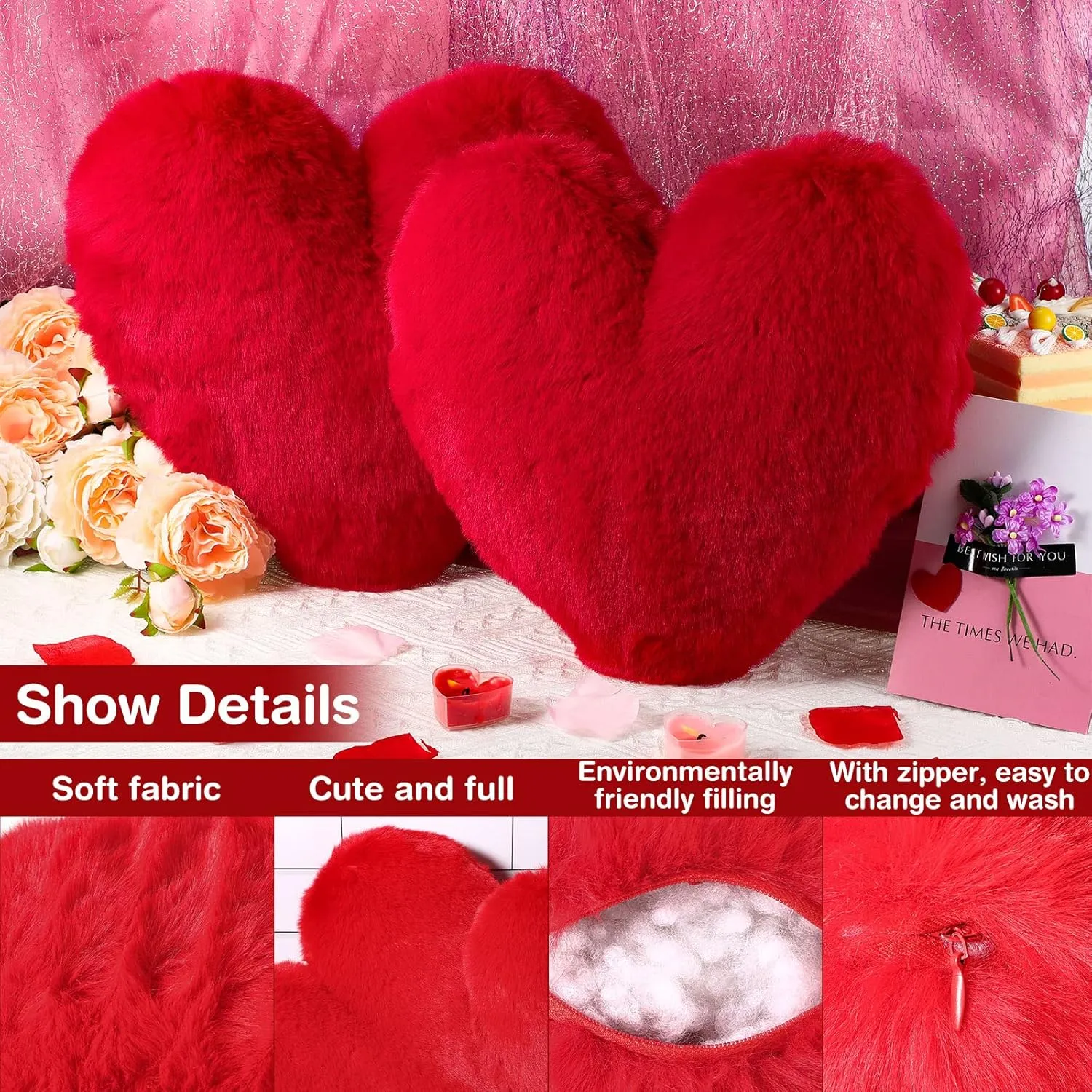 Marsui 2 Pcs Fluffy Heart Shaped Pillow Plush Cute Heart Shaped Throw Cushion Stuffed Decorative Gift Throw Pillow for Couch Bed Sofa Decoration Women(Bright Red，11.81 x 11.02 Inch)