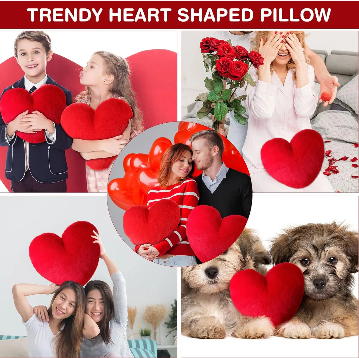 Marsui 2 Pcs Fluffy Heart Shaped Pillow Plush Cute Heart Shaped Throw Cushion Stuffed Decorative Gift Throw Pillow for Couch Bed Sofa Decoration Women(Bright Red，11.81 x 11.02 Inch)