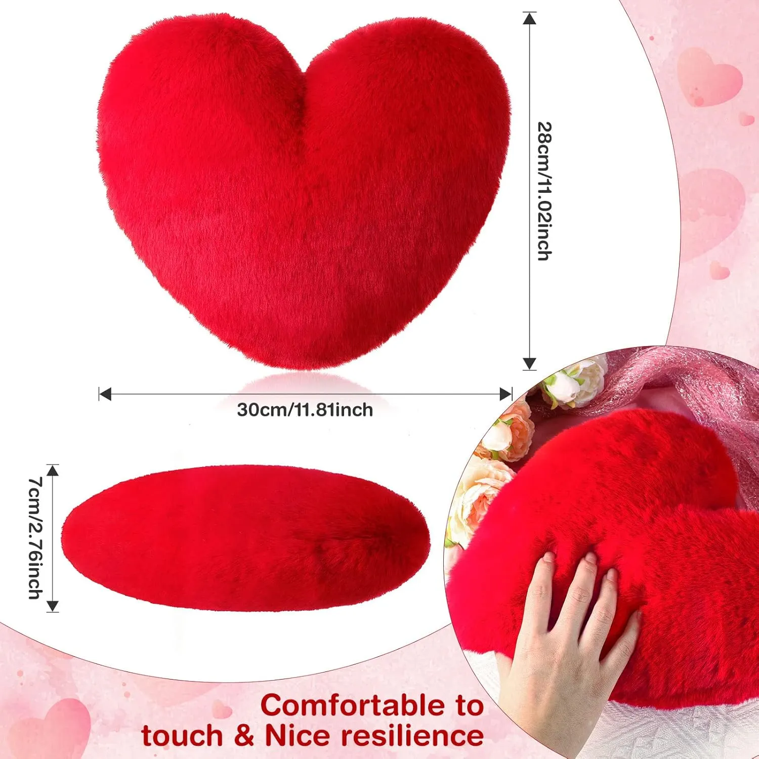 Marsui 2 Pcs Fluffy Heart Shaped Pillow Plush Cute Heart Shaped Throw Cushion Stuffed Decorative Gift Throw Pillow for Couch Bed Sofa Decoration Women(Bright Red，11.81 x 11.02 Inch)