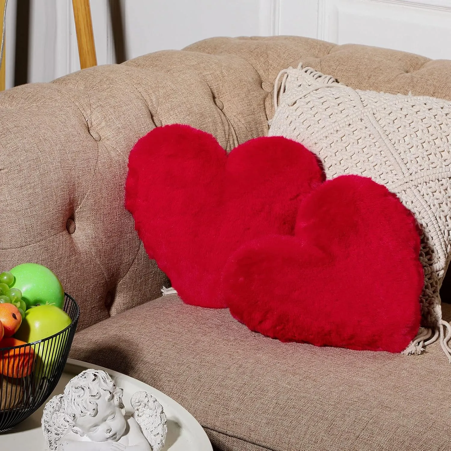 Marsui 2 Pcs Fluffy Heart Shaped Pillow Plush Cute Heart Shaped Throw Cushion Stuffed Decorative Gift Throw Pillow for Couch Bed Sofa Decoration Women(Bright Red，11.81 x 11.02 Inch)