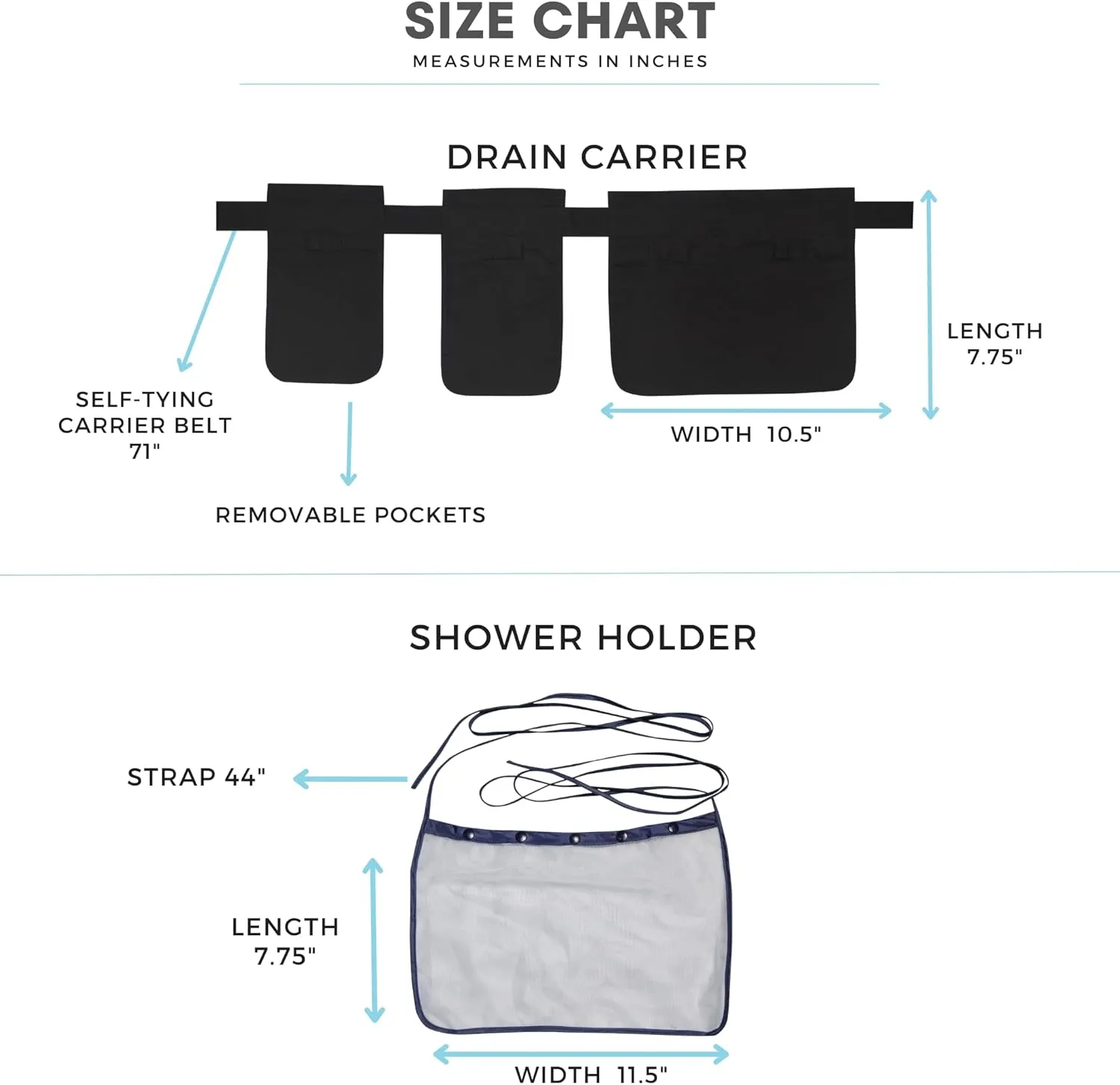 Mastectomy & Post Surgery Drain Carrier Belt & Shower Holder (Two Pack Black/Navy)