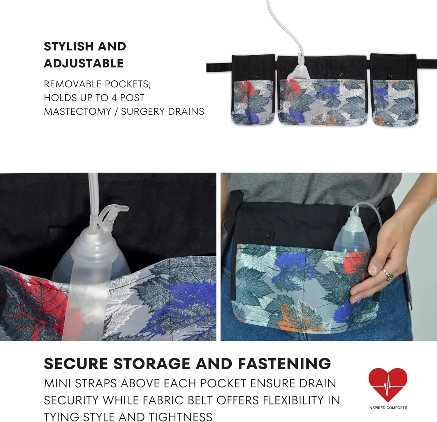 Mastectomy & Post Surgery Drain Carrier Belt & Shower Holder (Two Pack Tropical Leaves)