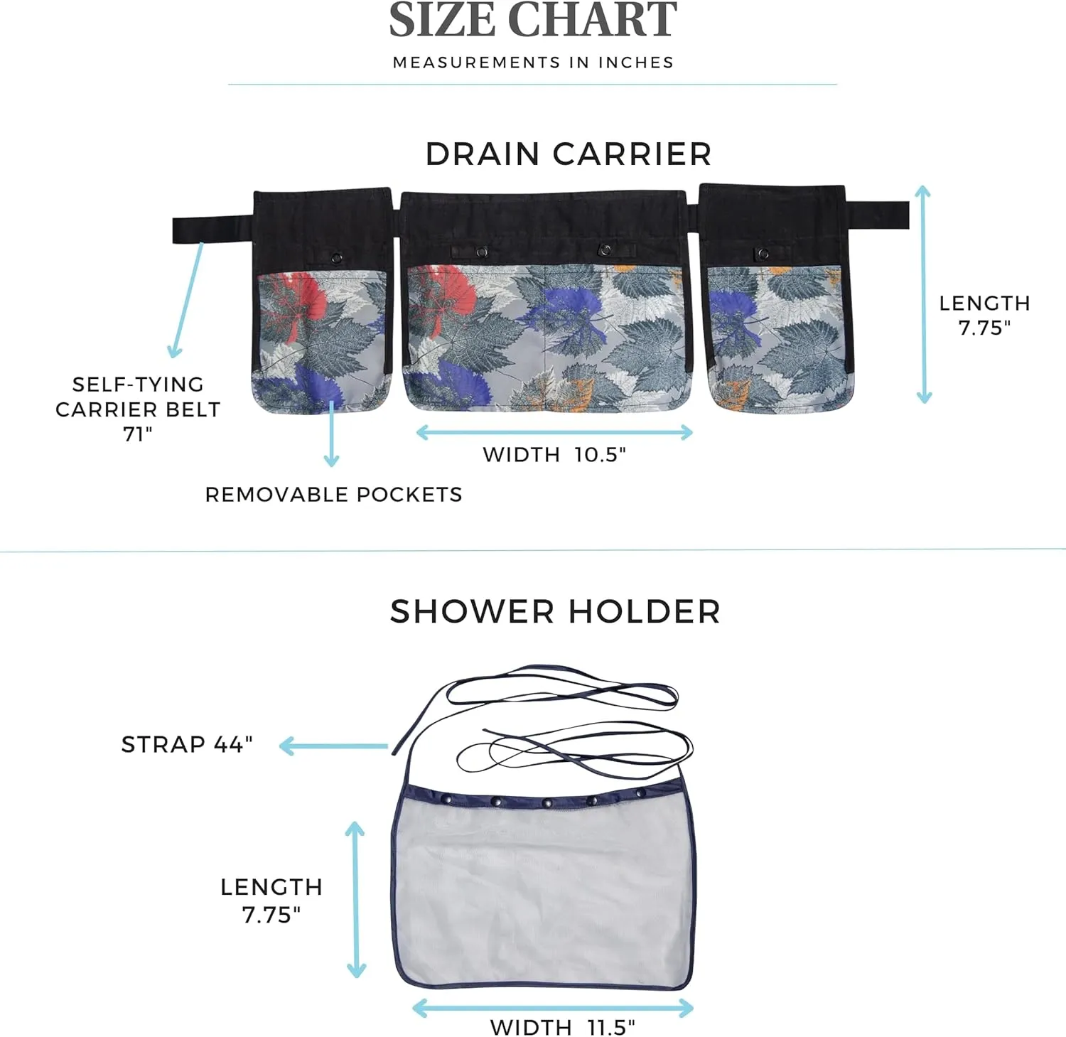 Mastectomy & Post Surgery Drain Carrier Belt & Shower Holder (Two Pack Tropical Leaves)