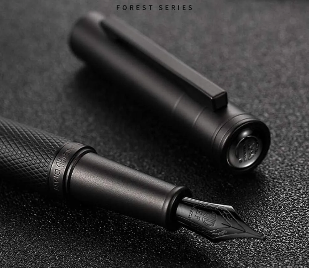 Matte Black Forest Fountain Pen Extra Fine Nib Classic Design with Converter and Metal Pen Box Set by Asvine
