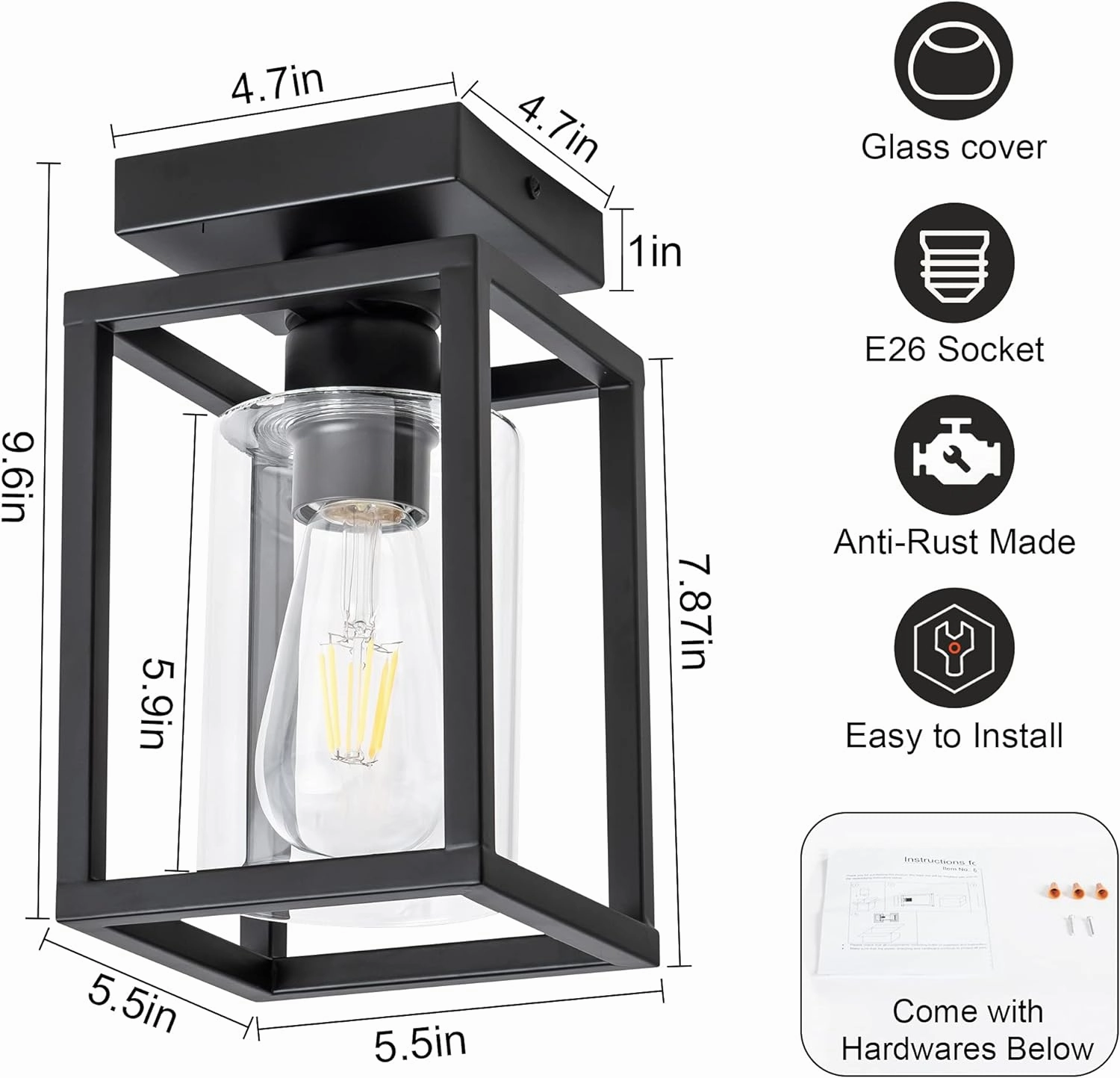 Mayful Flush Mount Ceiling Light Fixture with Clear Glass Shade, Farmhouse Black Metal Frame Light Fixture for Kitchen Island Entryway Porch Foyer Dining Room, E26 Ceramic Base