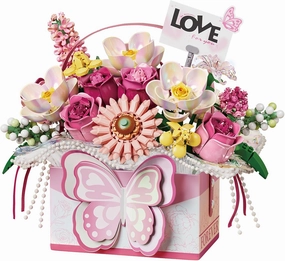 MEIEST Flower Bouquet Building Blocks Model Set,Simulation Artificial Rose Bonsai Plant Building Bricks Toys,Handheld Gift Box Home Decor (Pink Butterfly)