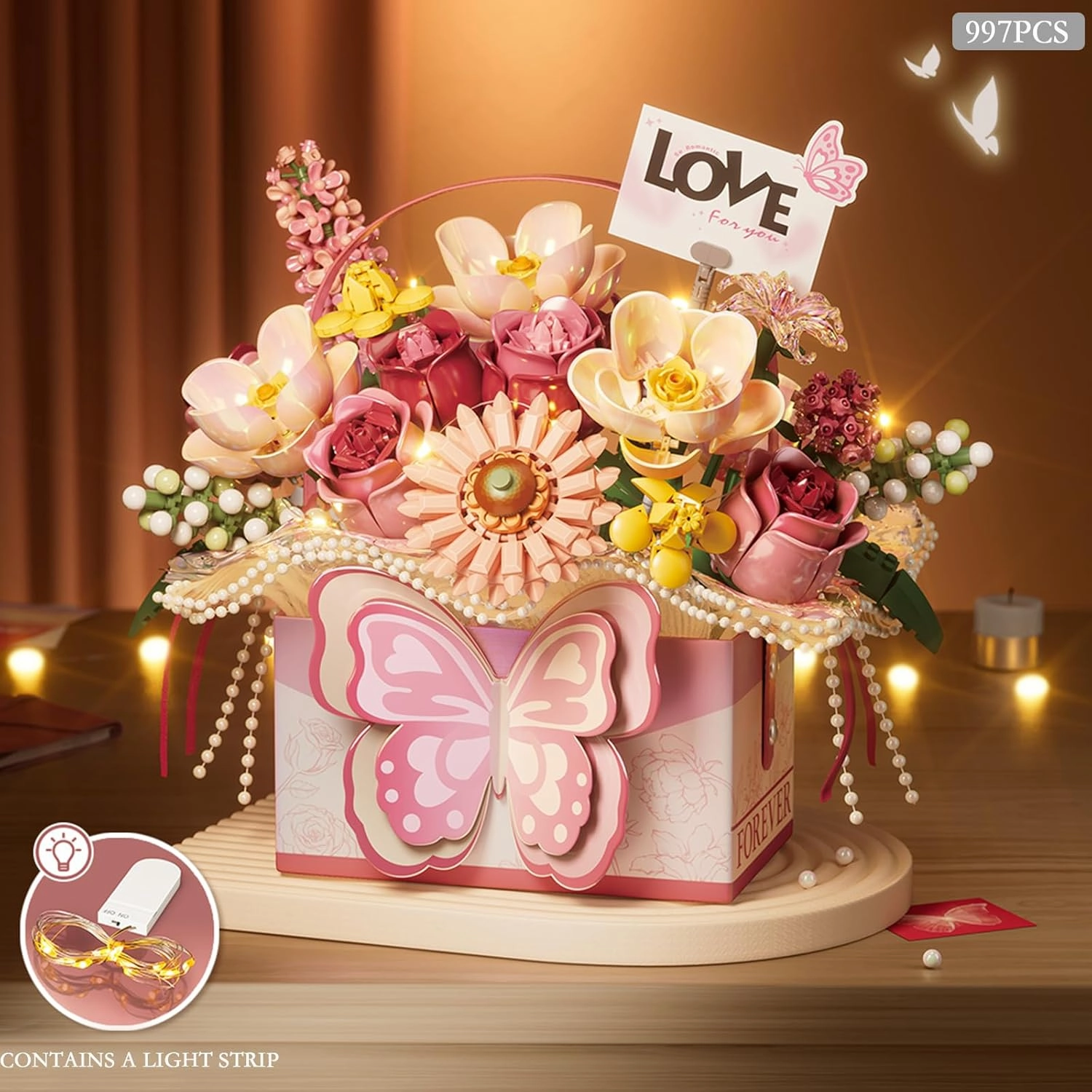 MEIEST Flower Bouquet Building Blocks Model Set,Simulation Artificial Rose Bonsai Plant Building Bricks Toys,Handheld Gift Box Home Decor (Pink Butterfly)