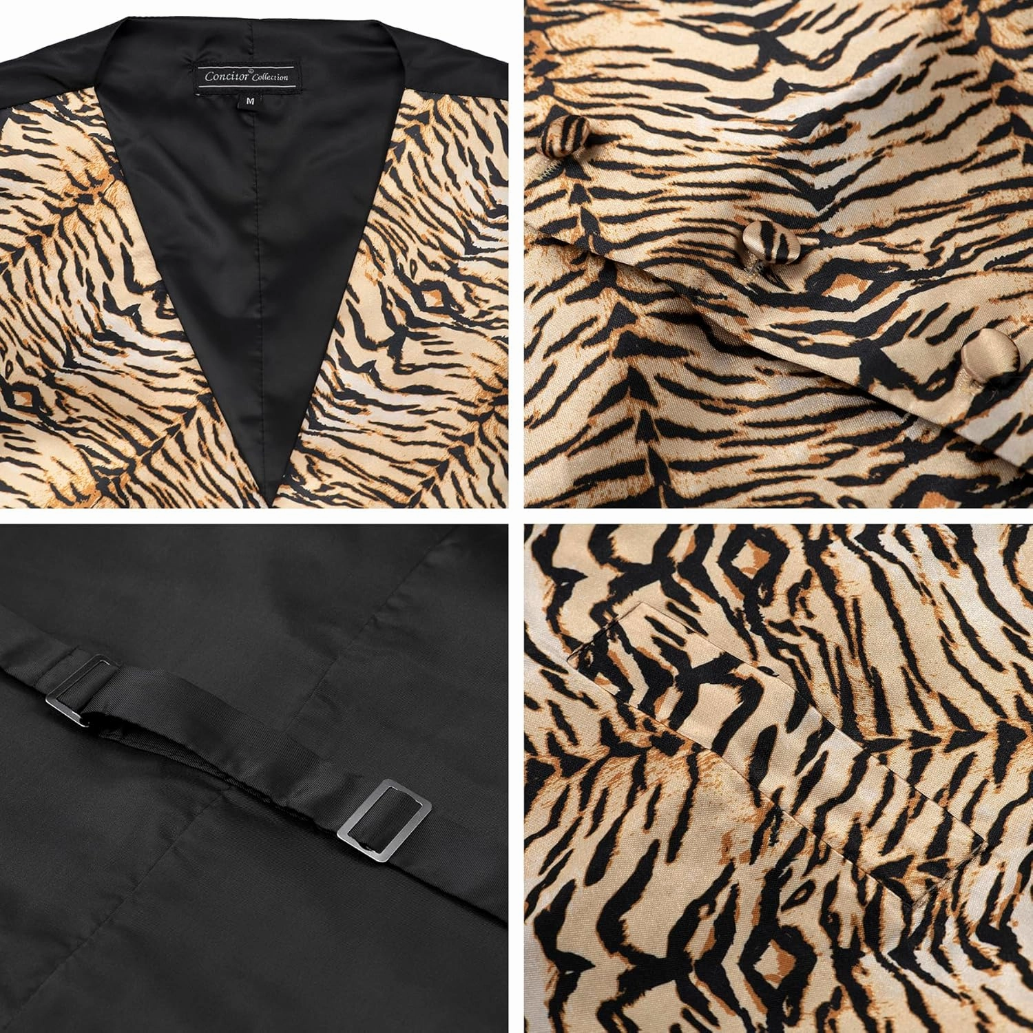 Men's Dress Vest TIGER Animal Pattern Design with Black Background. Animal Zoo Striped Mens Necktie and Hanky Set