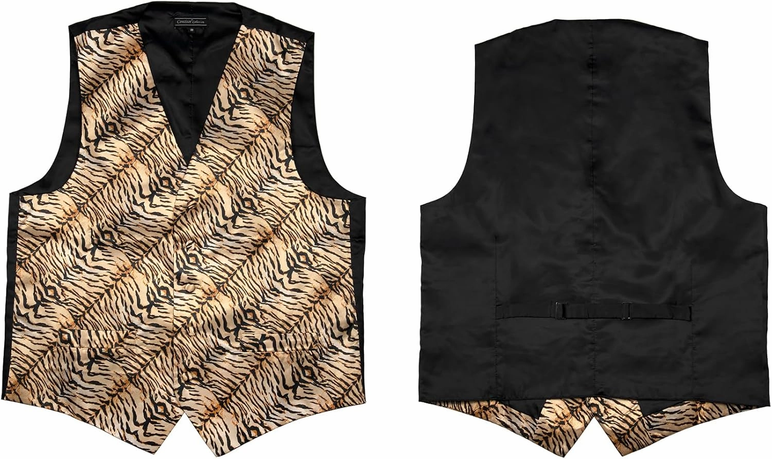 Men's Dress Vest TIGER Animal Pattern Design with Black Background. Animal Zoo Striped Mens Necktie and Hanky Set