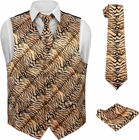 Men's Dress Vest TIGER Animal Pattern Design with Black Background. Animal Zoo Striped Mens Necktie and Hanky Set