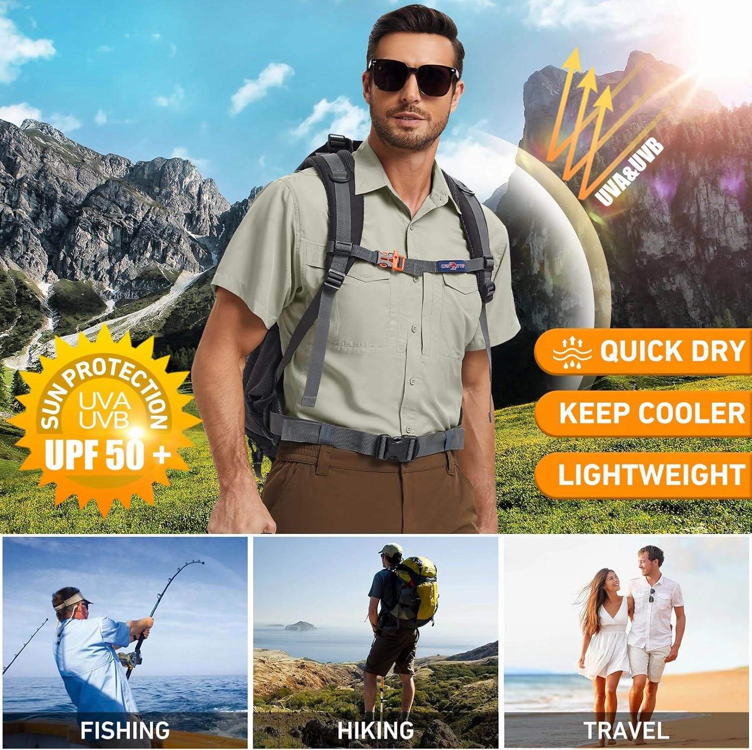 Men's Safari Hiking UPF 50  UV Short Sleeve Button Shirt Lightweight Cooling Quick Dry Outdoor Sun Protection Fishing Shirts