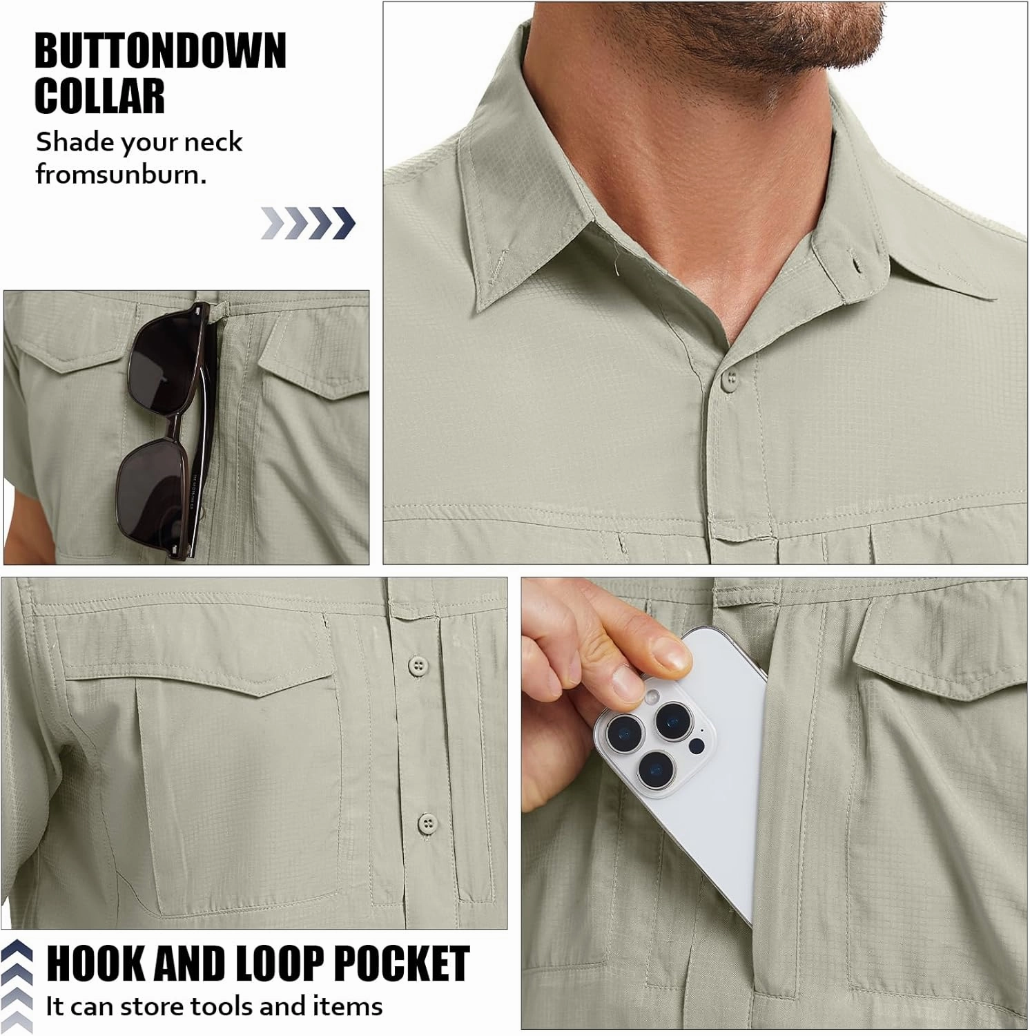 Men's Safari Hiking UPF 50  UV Short Sleeve Button Shirt Lightweight Cooling Quick Dry Outdoor Sun Protection Fishing Shirts