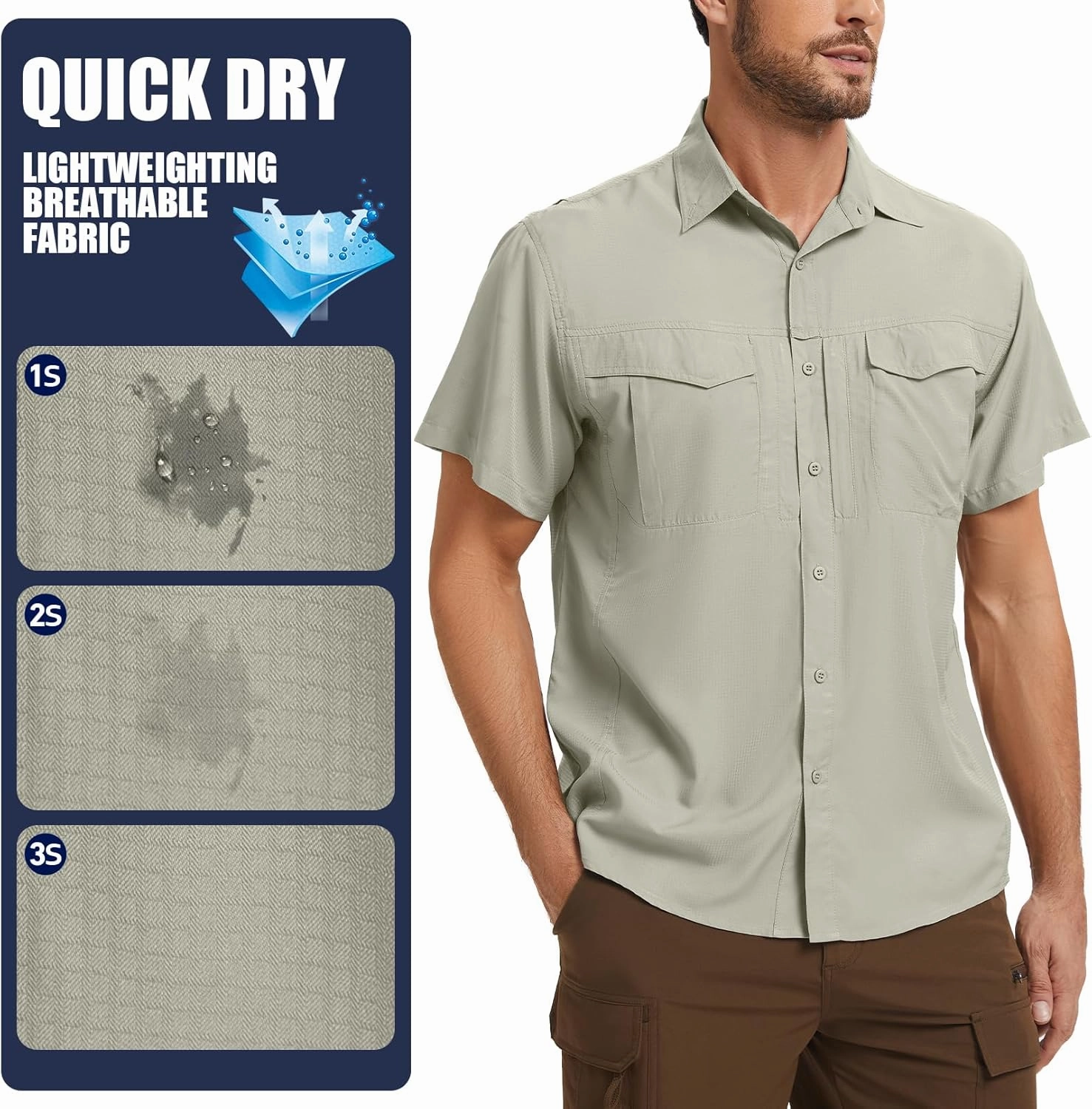 Men's Safari Hiking UPF 50  UV Short Sleeve Button Shirt Lightweight Cooling Quick Dry Outdoor Sun Protection Fishing Shirts