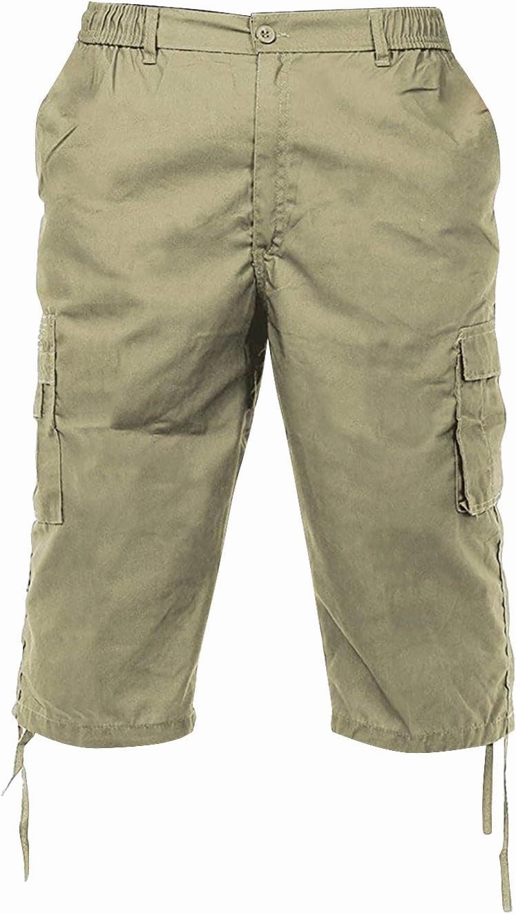 Mens 3/4 Long Cargo Shorts Casual Elastic Waist Below Knee Capri Work Pants Twill Military Tactical Hiking Pants