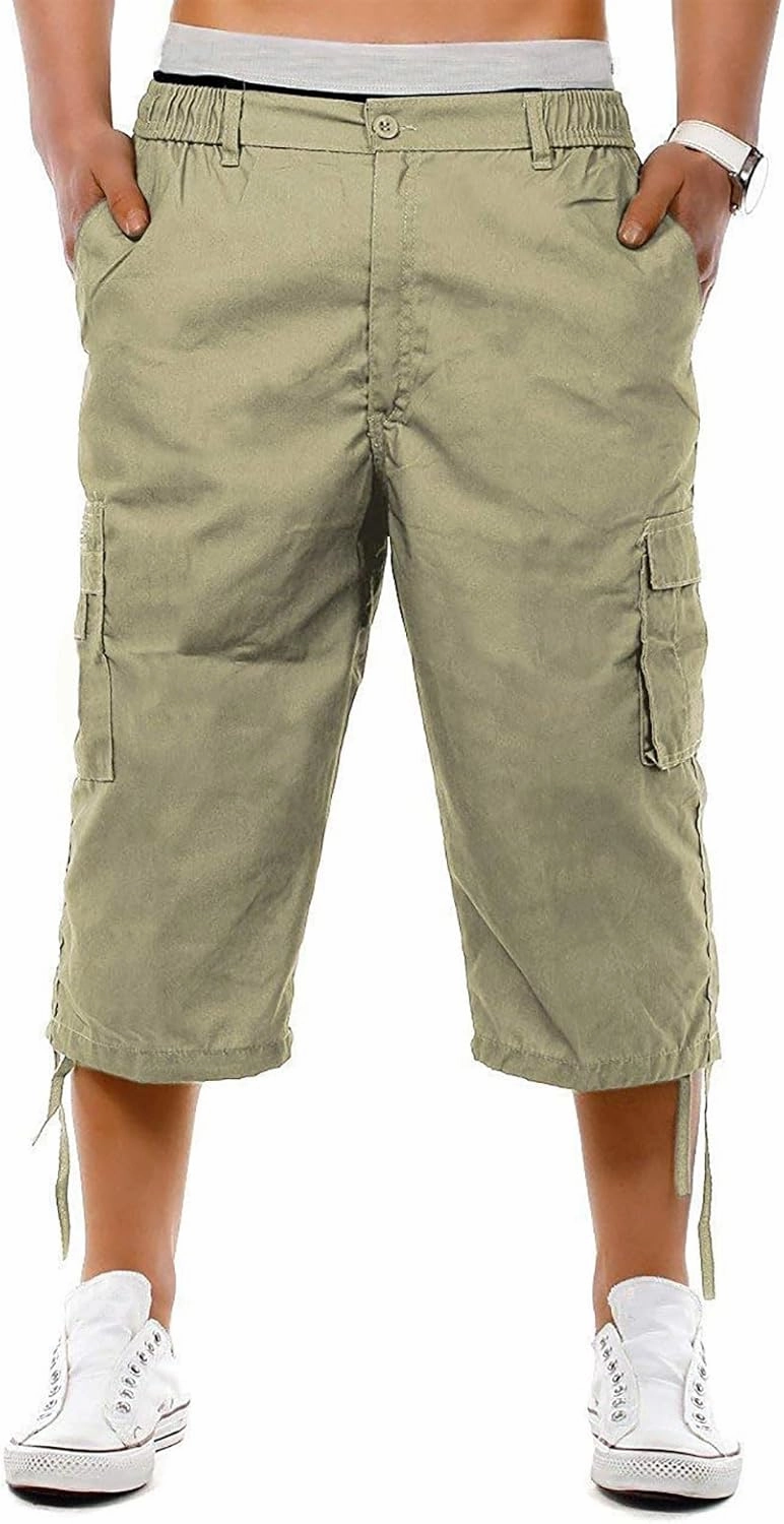 Mens 3/4 Long Cargo Shorts Casual Elastic Waist Below Knee Capri Work Pants Twill Military Tactical Hiking Pants