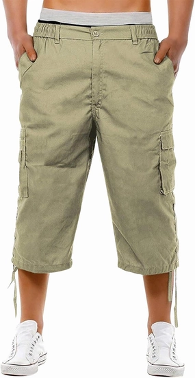 Mens 3/4 Long Cargo Shorts Casual Elastic Waist Below Knee Capri Work Pants Twill Military Tactical Hiking Pants