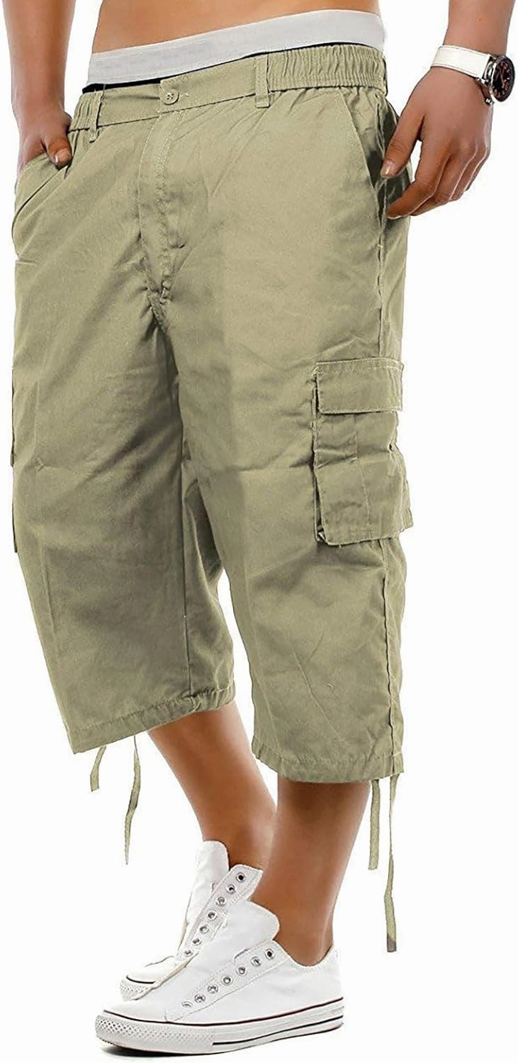 Mens 3/4 Long Cargo Shorts Casual Elastic Waist Below Knee Capri Work Pants Twill Military Tactical Hiking Pants