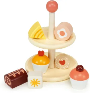 Mentari Toys - Cupcake Stand - 8pc Wooden Tea Party Set with Stand - Pretend Play Sweet Treats - Play Food Kitchen Accessories - Imaginative Play Set for Toddlers - Age 3 