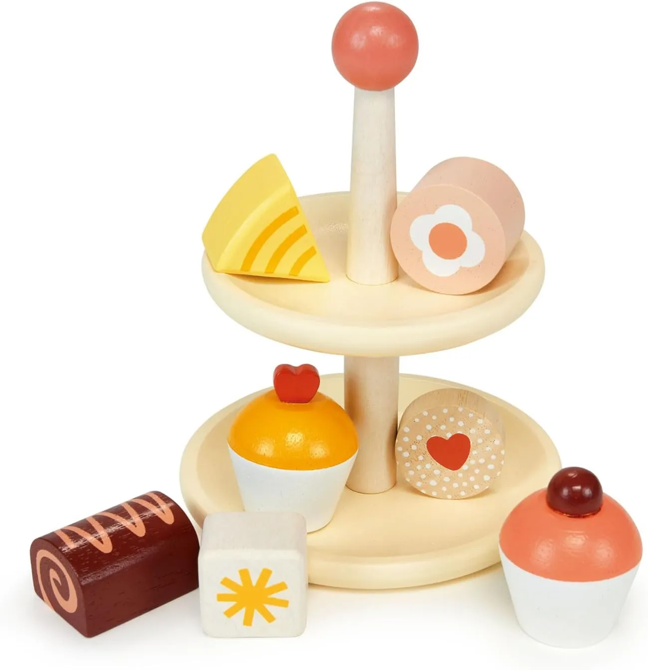 Mentari Toys - Cupcake Stand - 8pc Wooden Tea Party Set with Stand - Pretend Play Sweet Treats - Play Food Kitchen Accessories - Imaginative Play Set for Toddlers - Age 3 