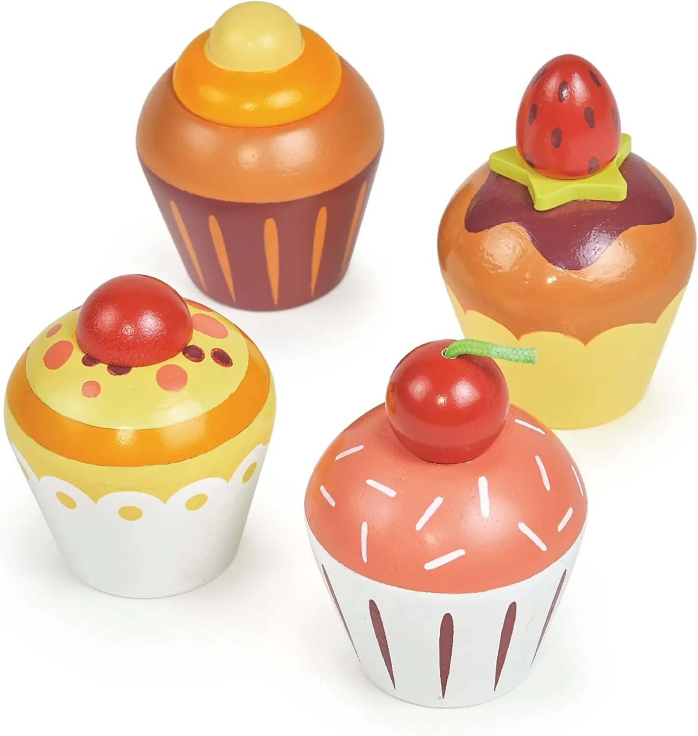 Mentari Toys - Teatime Cupcake Set - 4pc Wooden Cupcake Play Food Set - Pretend Play Kitchen and Market Food Accessories - Encourages Role Play and Develops Social Skills - Gift for Toddlers - Age 3 