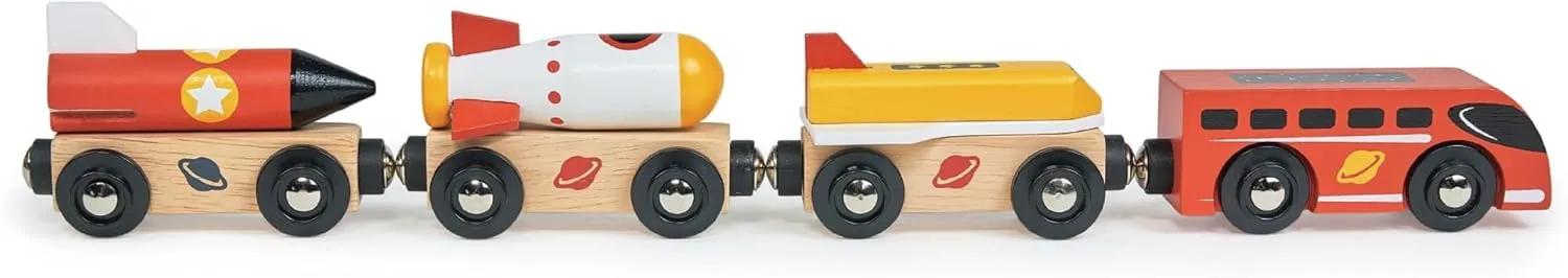 Mentari Toys - The Space Rocket Train - 7pc Wooden Train with Magnetic Rocket Carriages - Compatible with Major Wooden Train Tracks - Encourages Imaginative Play and Fine Motor Skills - Age 18m 