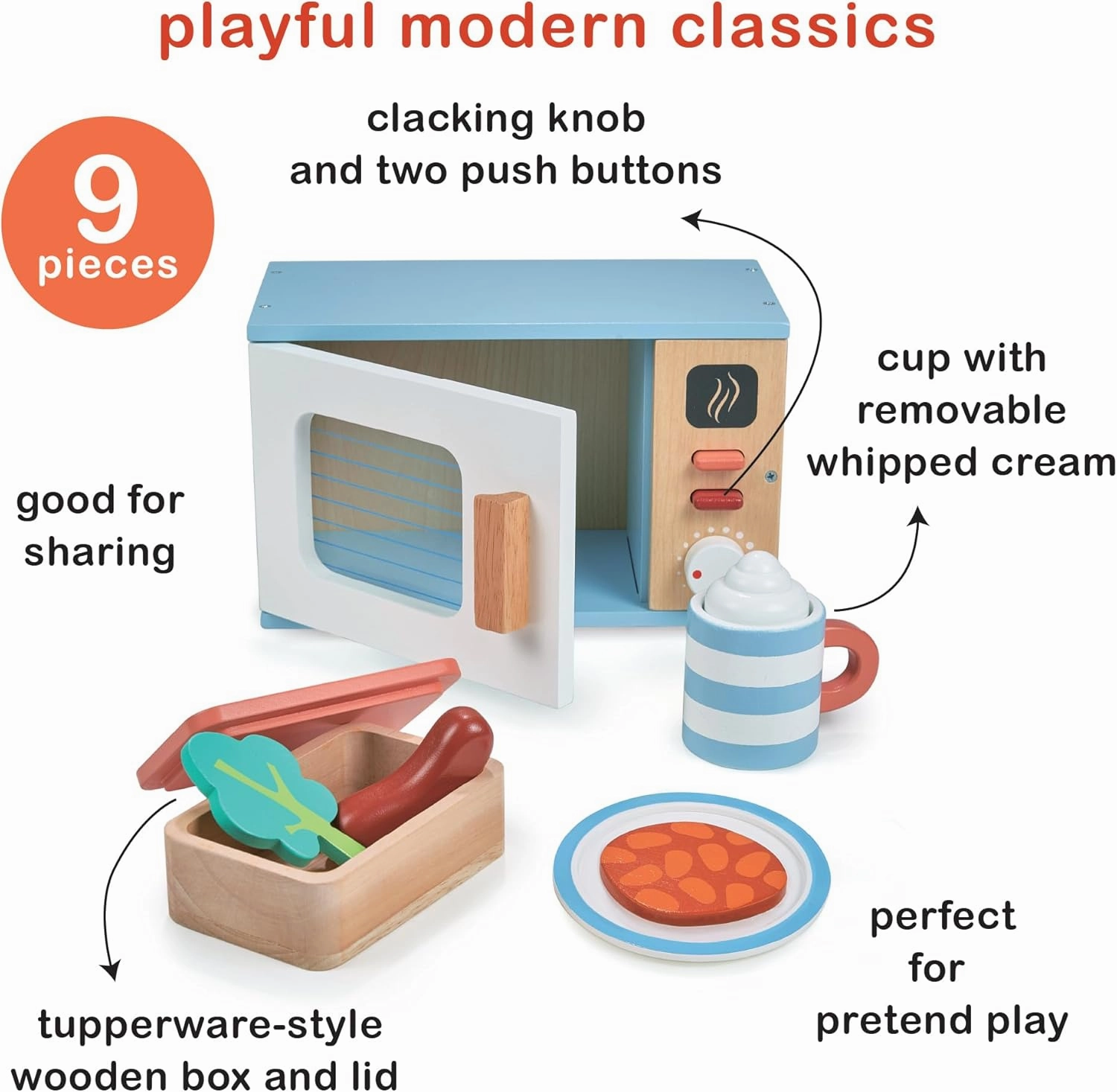 Mentari Toys - Toy Microwave - 9pc Wooden Microwave Set with Pretend Play Food - Kids Role Play Kitchen Accessories - Improve Social and Communication Skills - Sparks Creativity - Age 3 