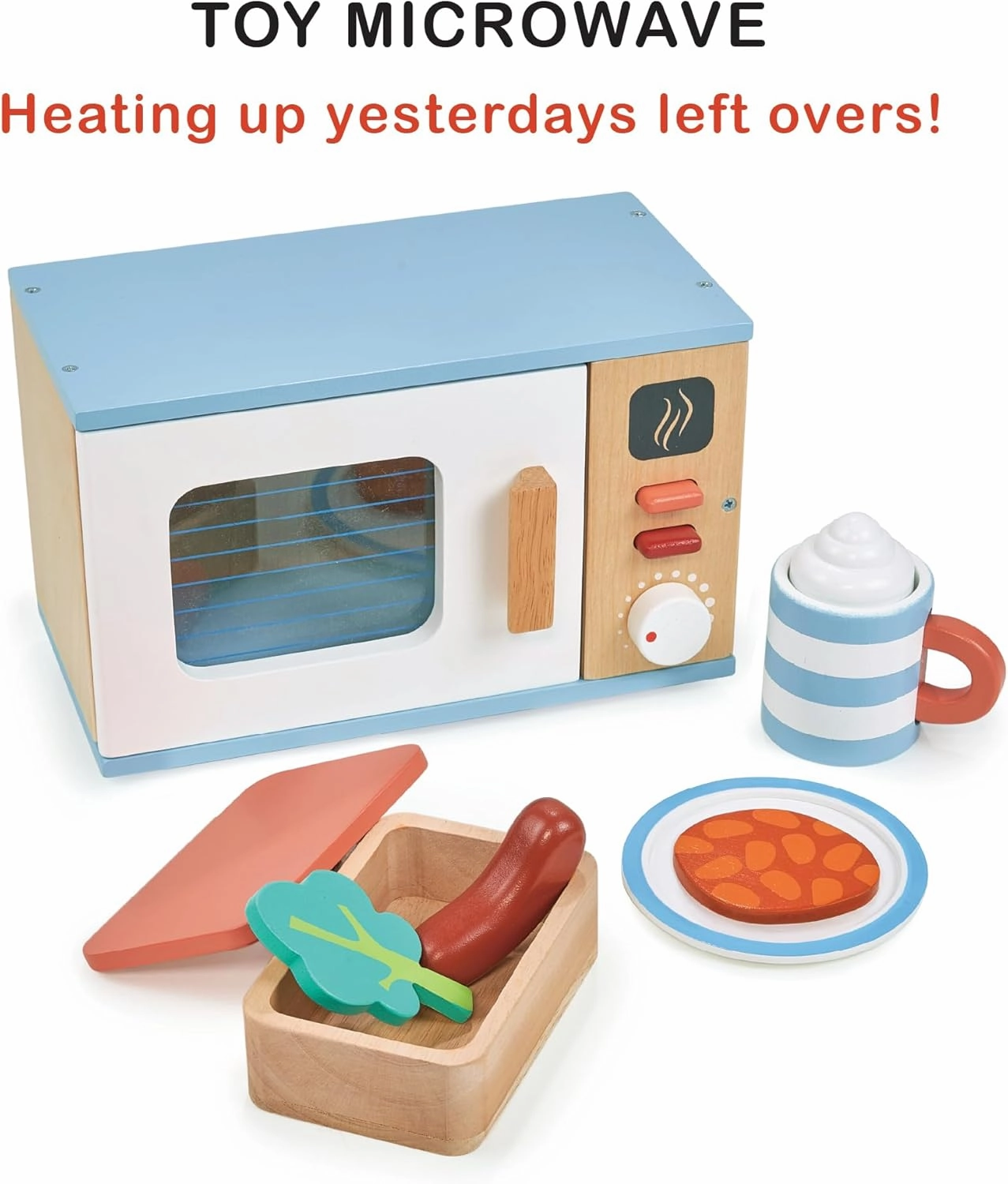 Mentari Toys - Toy Microwave - 9pc Wooden Microwave Set with Pretend Play Food - Kids Role Play Kitchen Accessories - Improve Social and Communication Skills - Sparks Creativity - Age 3 
