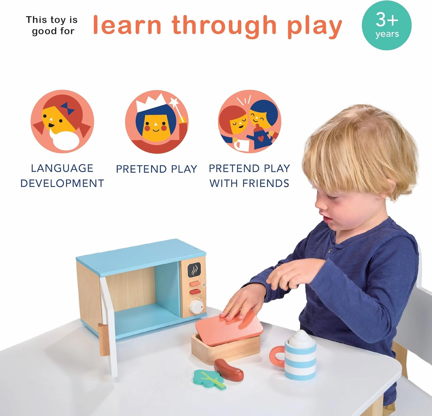 Mentari Toys - Toy Microwave - 9pc Wooden Microwave Set with Pretend Play Food - Kids Role Play Kitchen Accessories - Improve Social and Communication Skills - Sparks Creativity - Age 3 