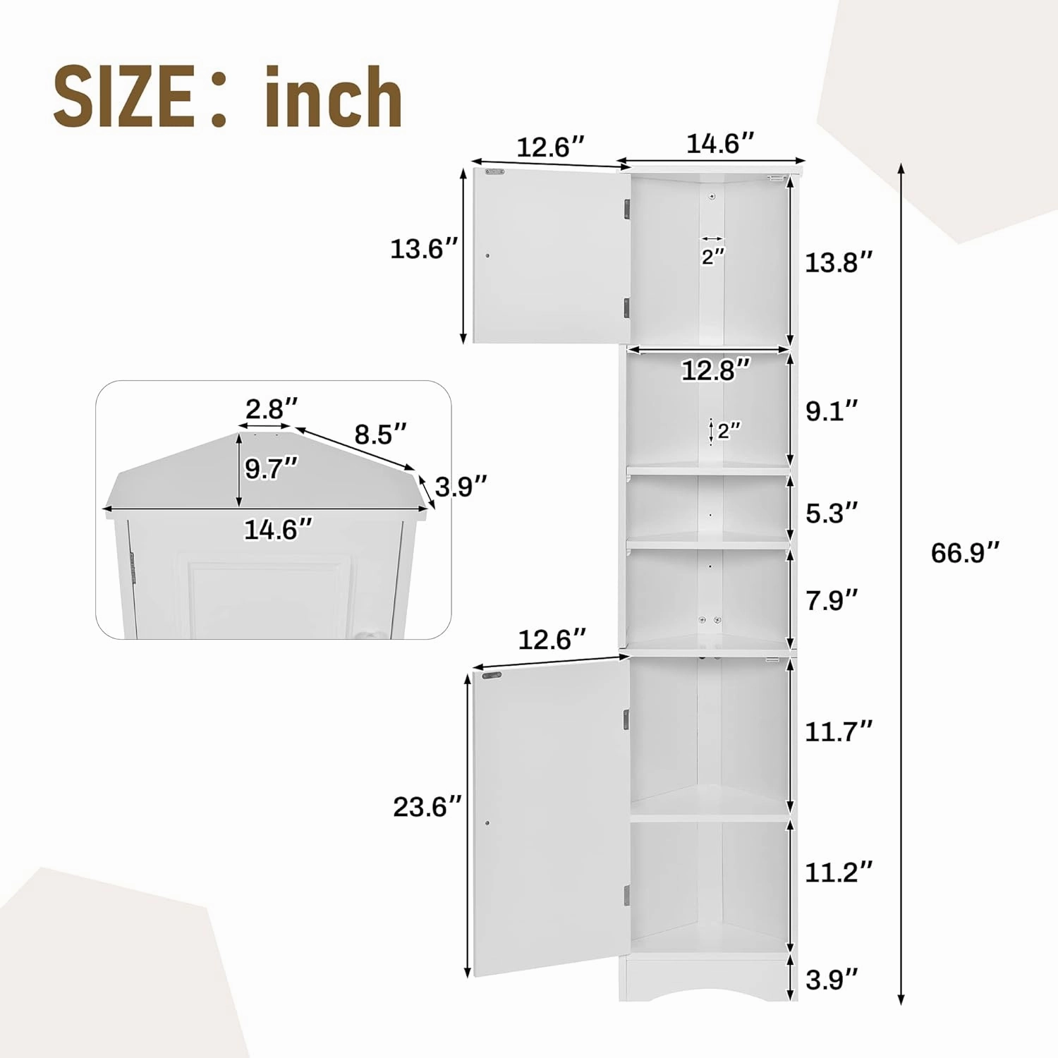 Merax Corner Cabinet Freestanding Floor Bathroom Storage Space Saver with Doors and Adjustable Shelves for Home, Kitchen, Tall Slim