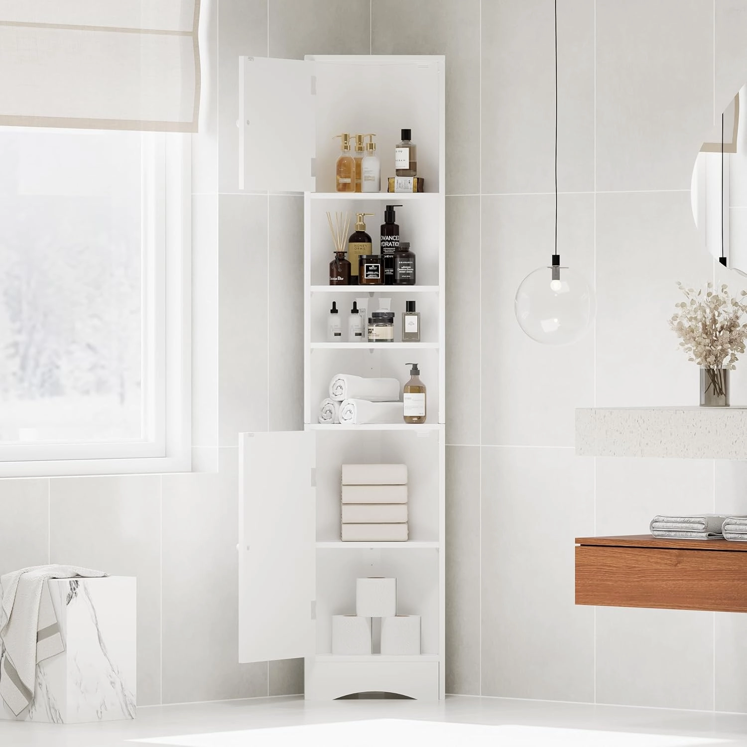 Merax Corner Cabinet Freestanding Floor Bathroom Storage Space Saver with Doors and Adjustable Shelves for Home, Kitchen, Tall Slim