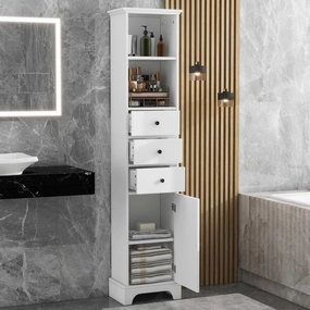 Merax Tall Storage Cabinet with 3 Drawers and Door, Slim Linen Tower Bathroom Organizer, Adjustable Shelves, White
