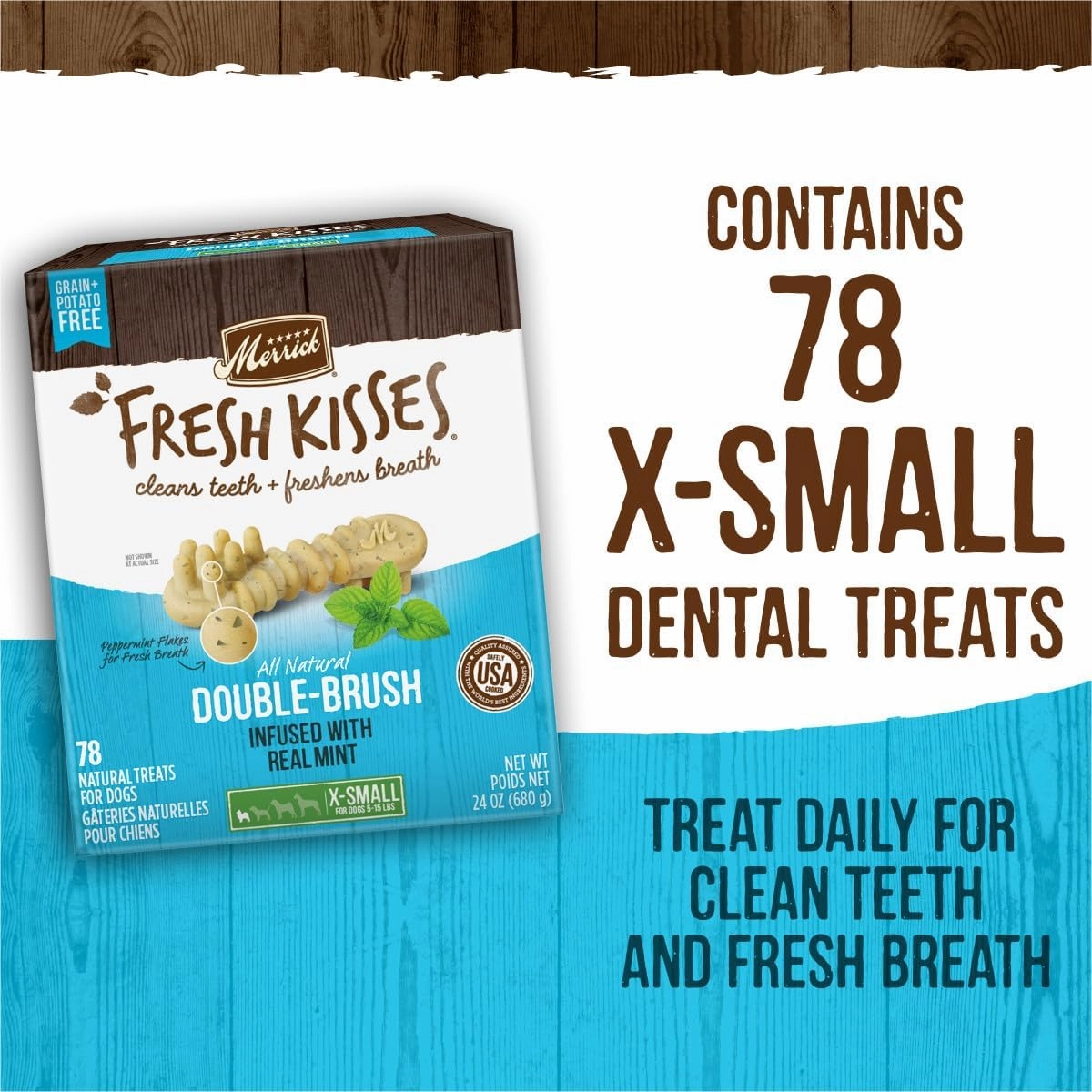 Merrick Fresh Kisses Natural Dental Chews Toothbrush Treat Shape Infused With Real Mint For Tiny Dogs 5-15 Lbs - 78 ct. Box
