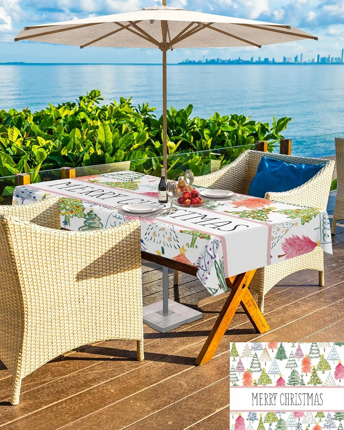 Merry Christmas Outdoor Tablecloth with Umbrella Hole, Waterproof Zippered Table Cloth for Rectangle Tables Pink Xmas Tree Hand Painted Tabletop Collection for Patio, Garden, Picnic, 52 x 70 inch