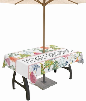 Merry Christmas Outdoor Tablecloth with Umbrella Hole, Waterproof Zippered Table Cloth for Rectangle Tables Pink Xmas Tree Hand Painted Tabletop Collection for Patio, Garden, Picnic, 52 x 70 inch