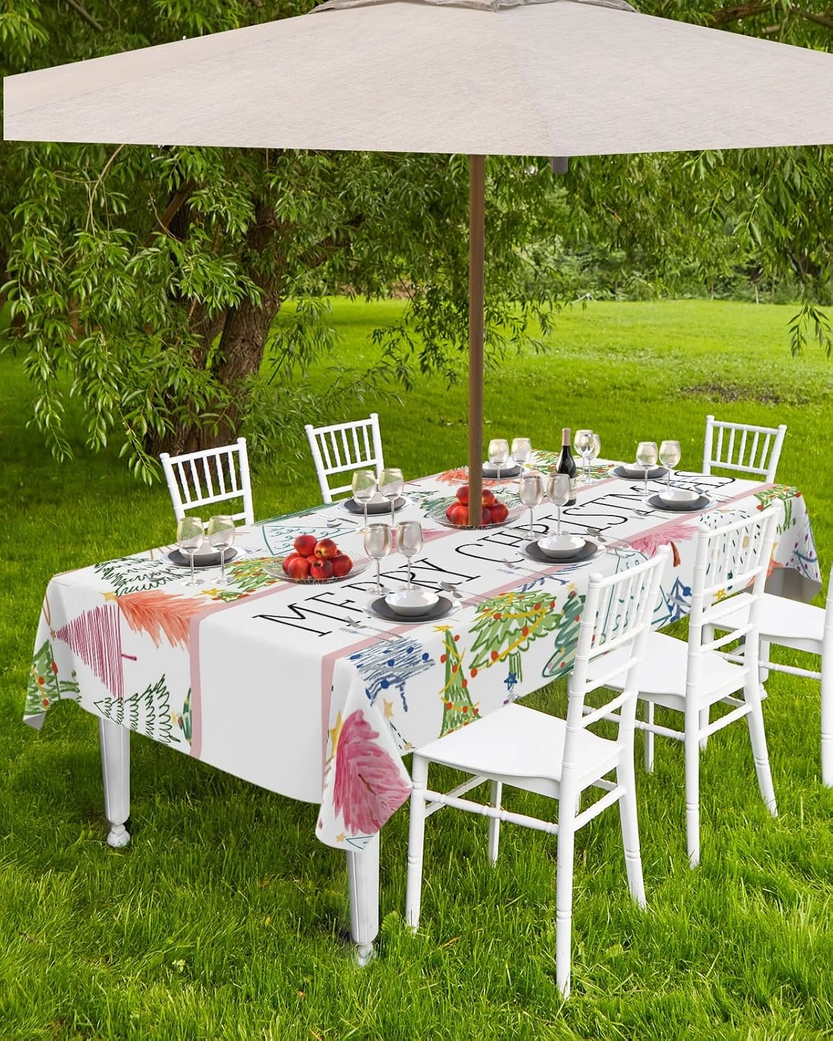 Merry Christmas Outdoor Tablecloth with Umbrella Hole, Waterproof Zippered Table Cloth for Rectangle Tables Pink Xmas Tree Hand Painted Tabletop Collection for Patio, Garden, Picnic, 52 x 70 inch