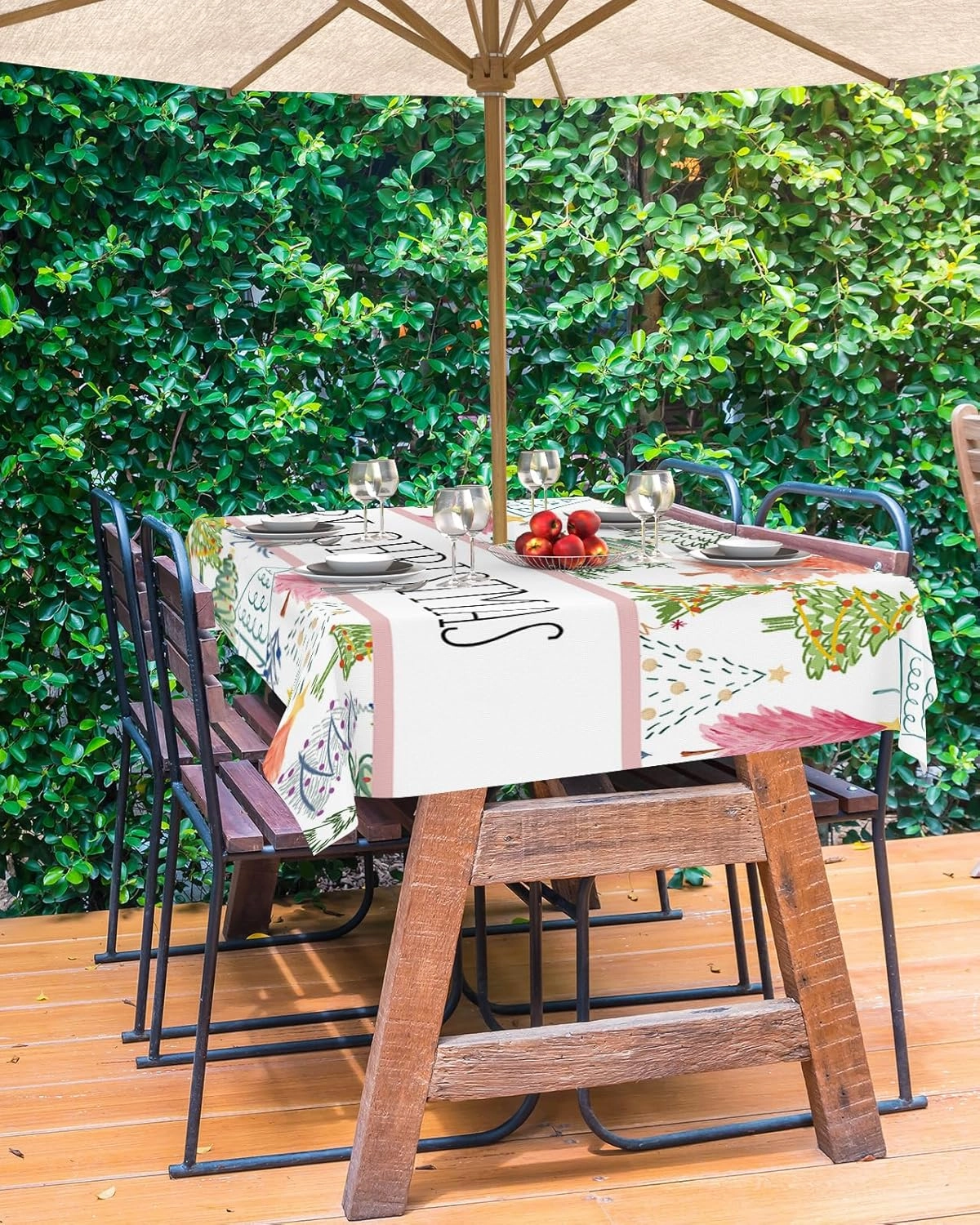 Merry Christmas Outdoor Tablecloth with Umbrella Hole, Waterproof Zippered Table Cloth for Rectangle Tables Pink Xmas Tree Hand Painted Tabletop Collection for Patio, Garden, Picnic, 52 x 70 inch