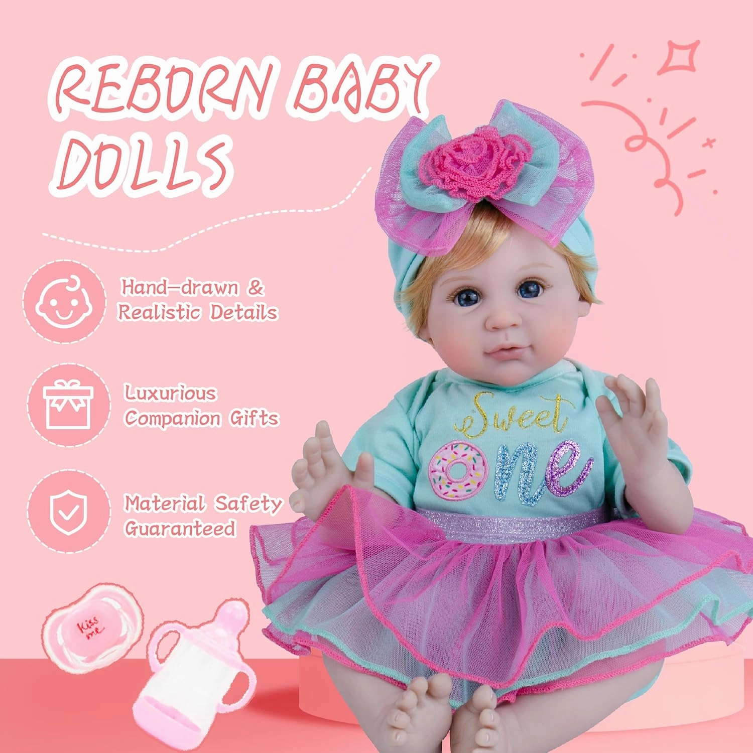 Milidool Reborn Baby Dolls, 22 inch Weighted Realistic Newborn Baby Girl Lifelike Newborn Girl Doll with Feeding Toy Accessories Set, Great Gift Set for Grandma Kids 3 