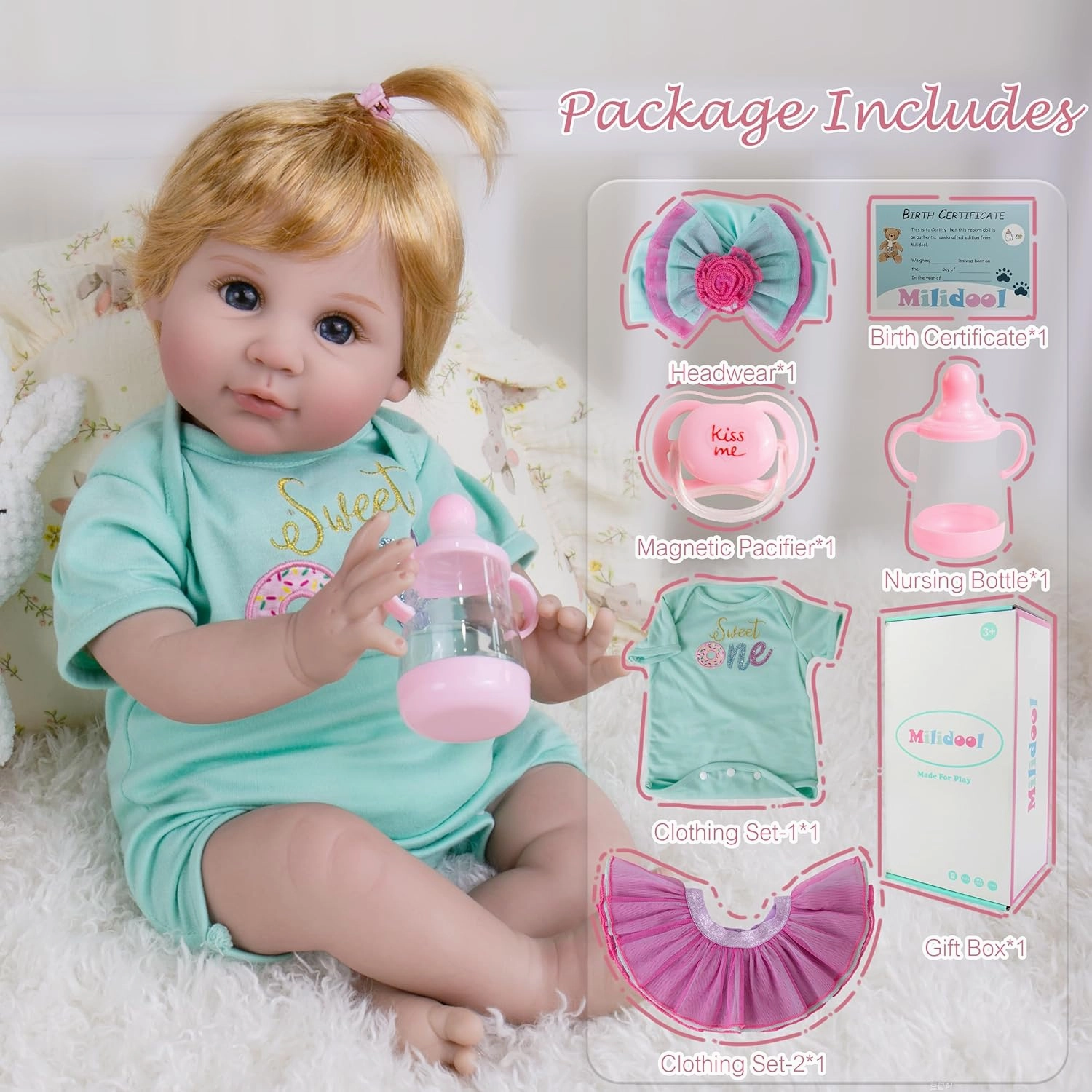 Milidool Reborn Baby Dolls, 22 inch Weighted Realistic Newborn Baby Girl Lifelike Newborn Girl Doll with Feeding Toy Accessories Set, Great Gift Set for Grandma Kids 3 