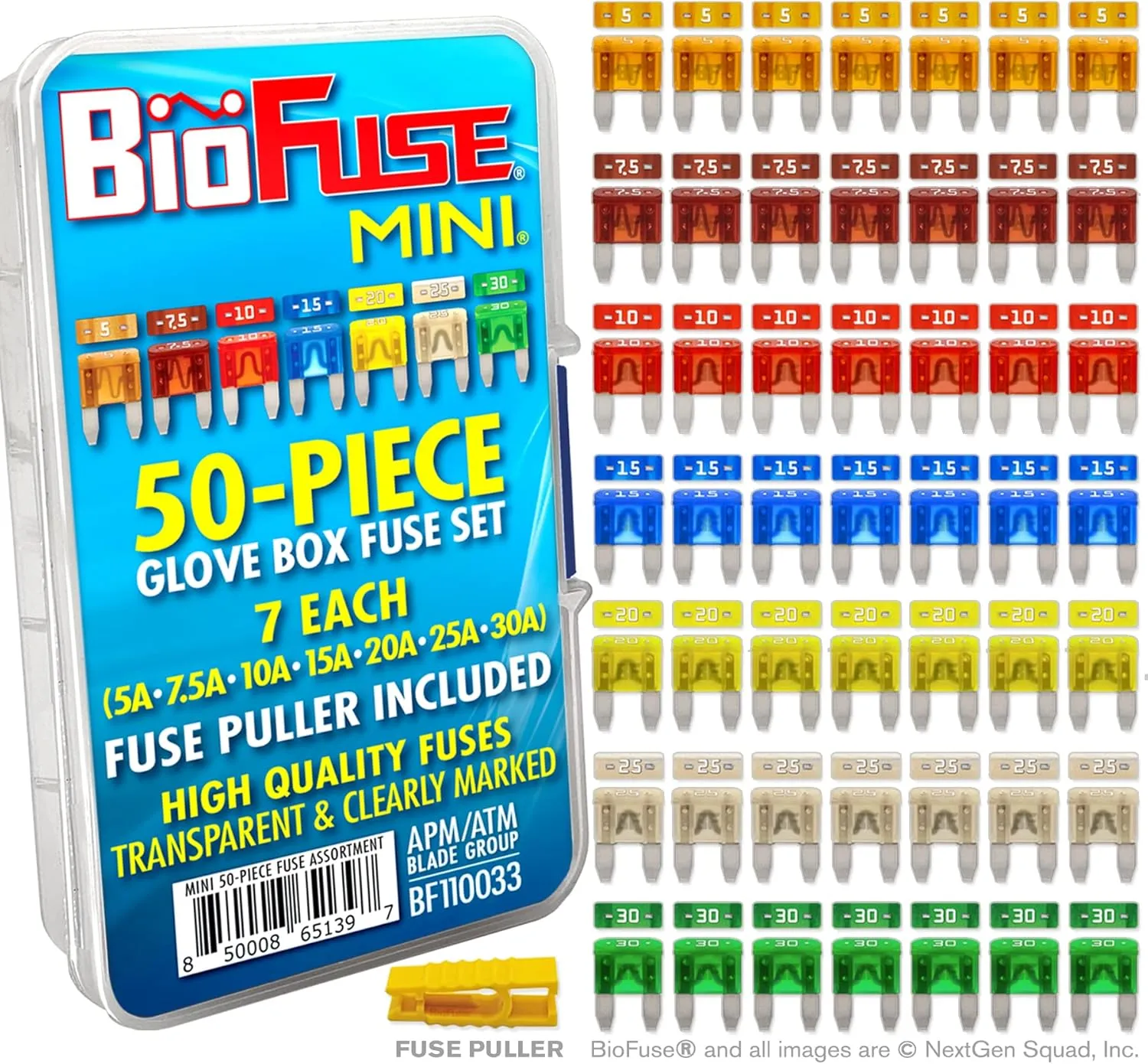 Mini APM ATM 50 Piece Automotive Car Fuse Assortment Glove Box Set (49 Mini Blade Fuses   Fuse Puller) 5A 7.5A 10A 15A 20A 25A 30A