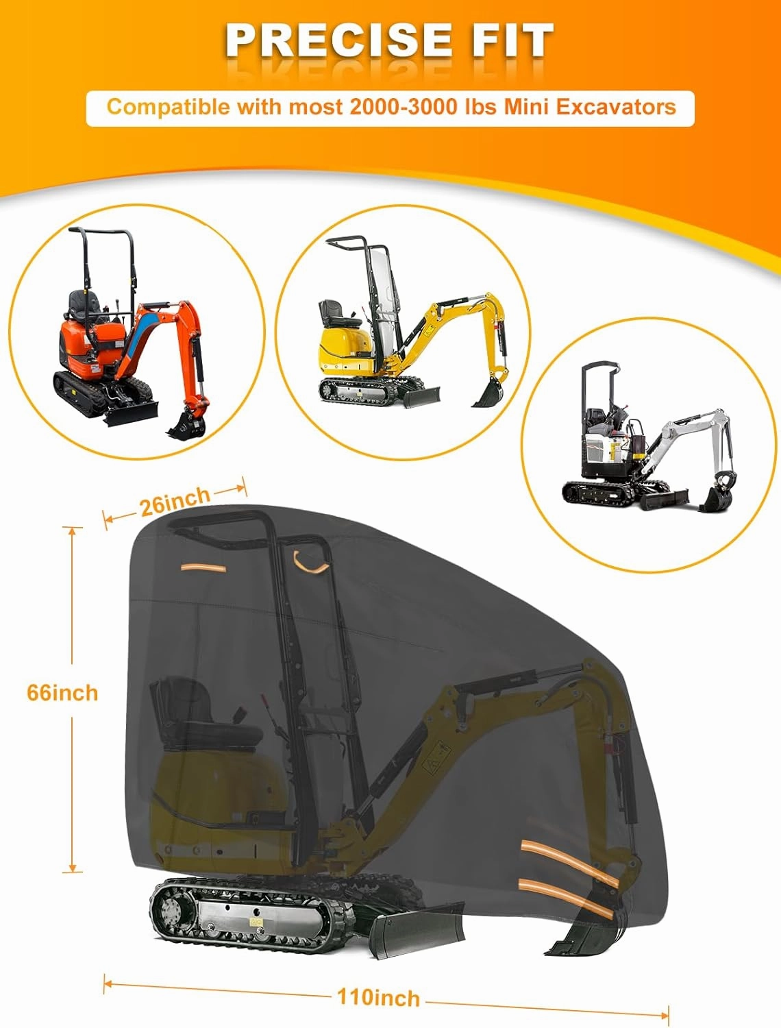 Mini Excavator Cover Fits 2000-3000 lbs Models, 420D Waterproof Zippered Excavators Cover Compatible with Kubota K008-3/Bobcat E10/CAT 300.9D/Takeuchi TB210R, UV Dust Snow Rain Protection Small