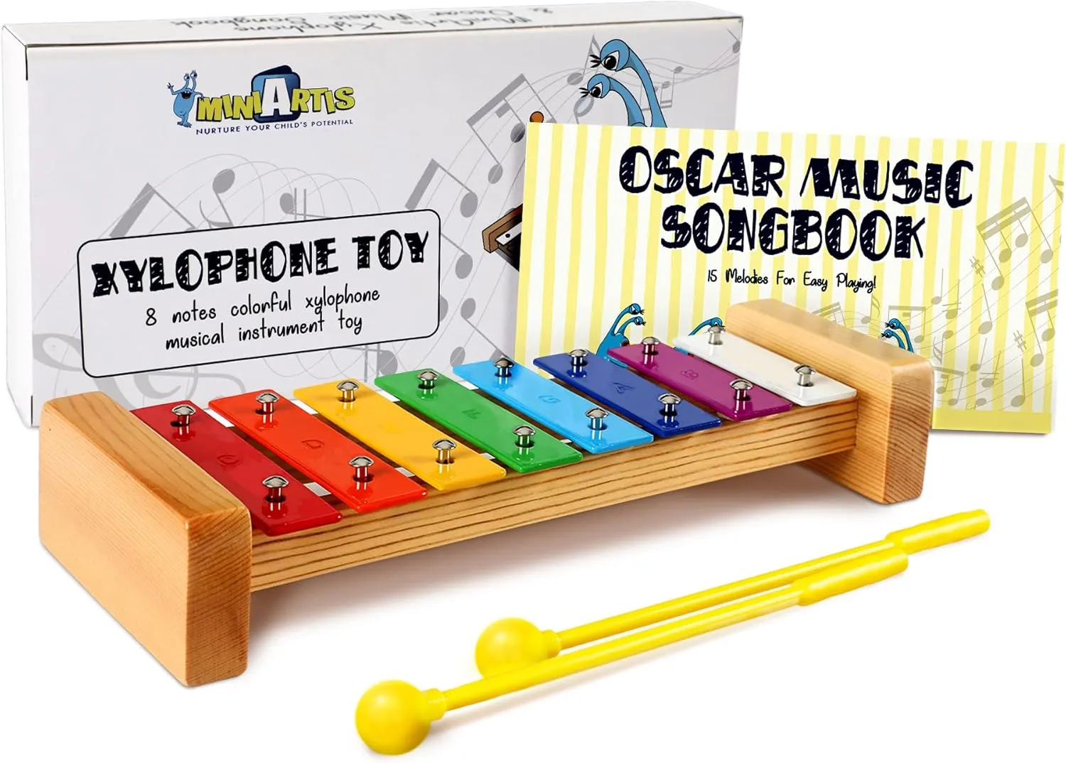 MINIARTIS Xylophone for Kids and Toddlers | 8 Notes Colorful Wooden Xylophone with Mallets and 15 Music Songbook | Kids Musical Instrument Educational Montessori Toys