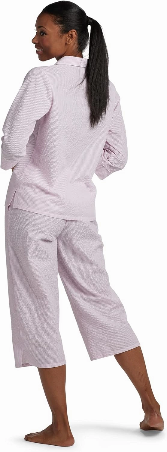 Miss Elaine Pajama Set - Women’s Seersucker PJ Set, 3/4 Sleeves and Cropped Pants, Sleepwear