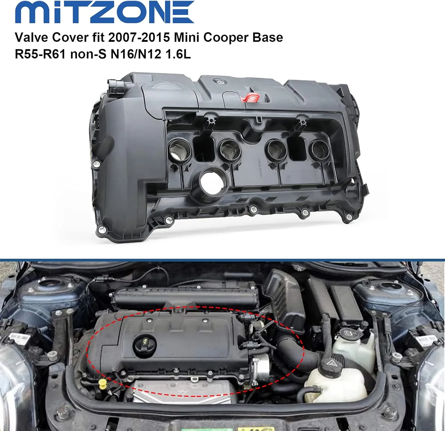 MITZONE Cylinder Head Valve Cover Compatible for 2007-2015 Mini Cooper Base R55-R61 non-S N16/N12 1.6L Replace 11127646554